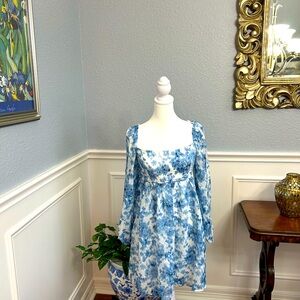 Blue Floral Jacquard Chiffon Mini Dress SZ S